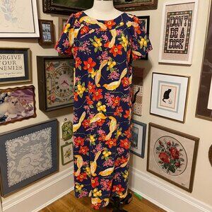 Vintage Blue Yellow Red Hawaiian Bird Print Barkcloth Short Sleeve Maxi Dress 2X